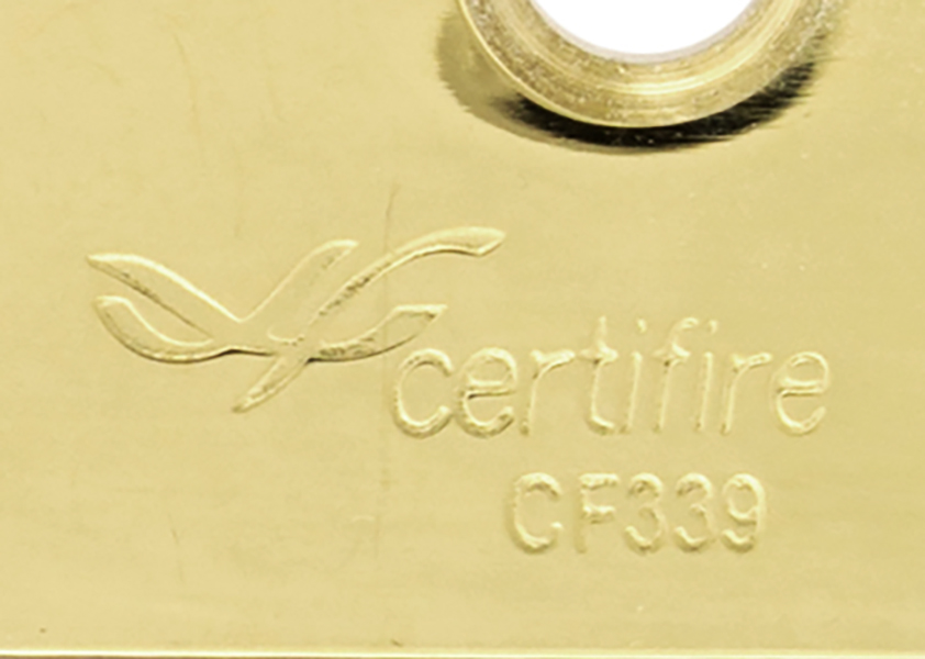 Certifire logo and certification number stamped into brass butt hinge.