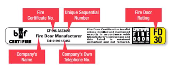 Fire Door Certifications may include a BWF sticker indicating the fire door rating & certificate number